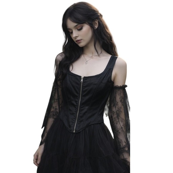 Future Collective Tops - Future Collective Black Satin Zip-Front Bustier Corset Light Boning Size 12 NWT